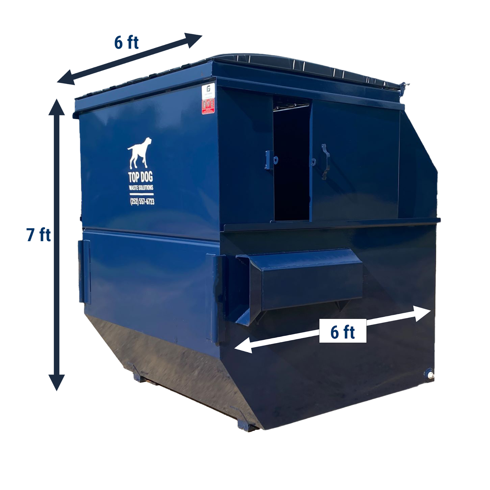 A blue 8-yard dumpster showing size measurements for reference.